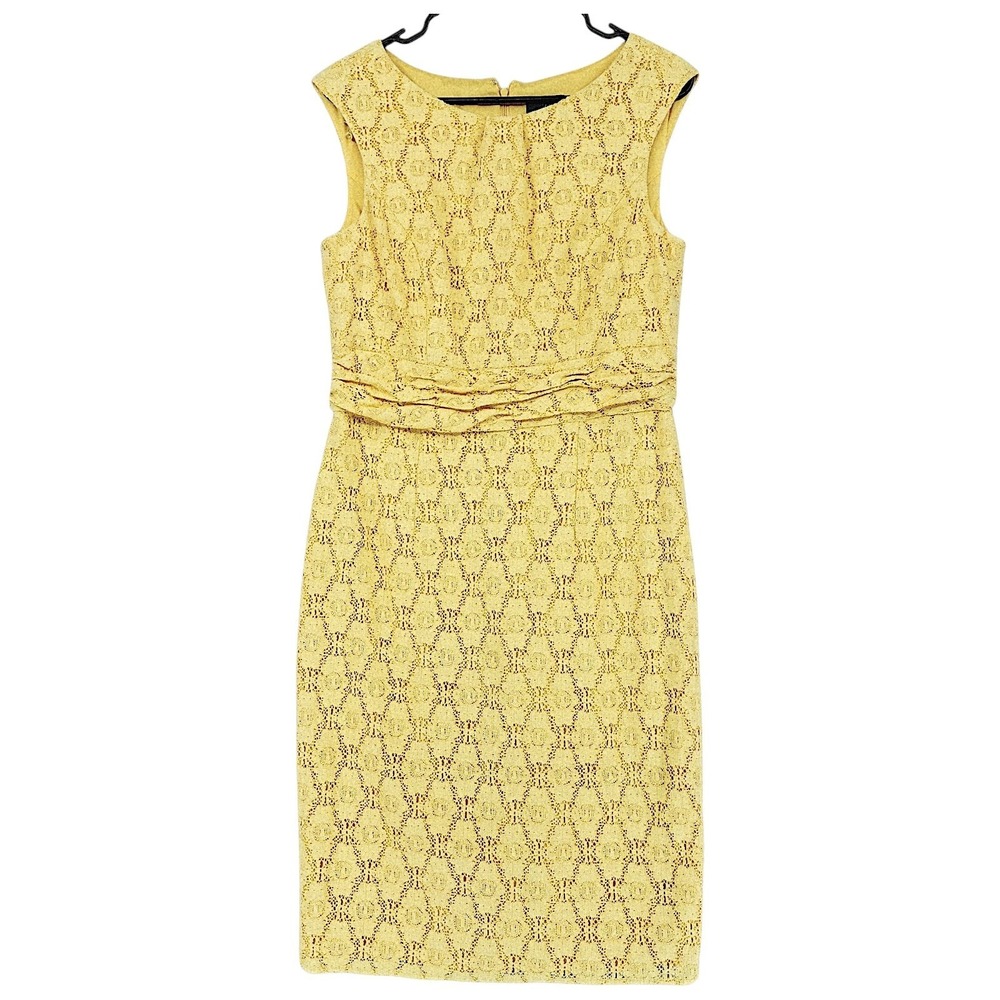 Adrianna Papell Sheath Dress 12 Yellow Lace Ruched Cocktail Wedding Guest Modest